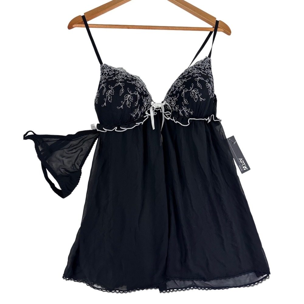 NEW Apt 9 Babydoll Lingerie XL Black Floral Embroidered Sheer Mesh 2pc Goth Sexy